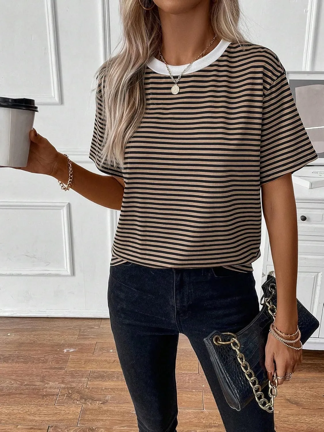 Floerns Women's Basic Mock Neck Short Sleeve Solid Rib Knit Tops Tee Shirts