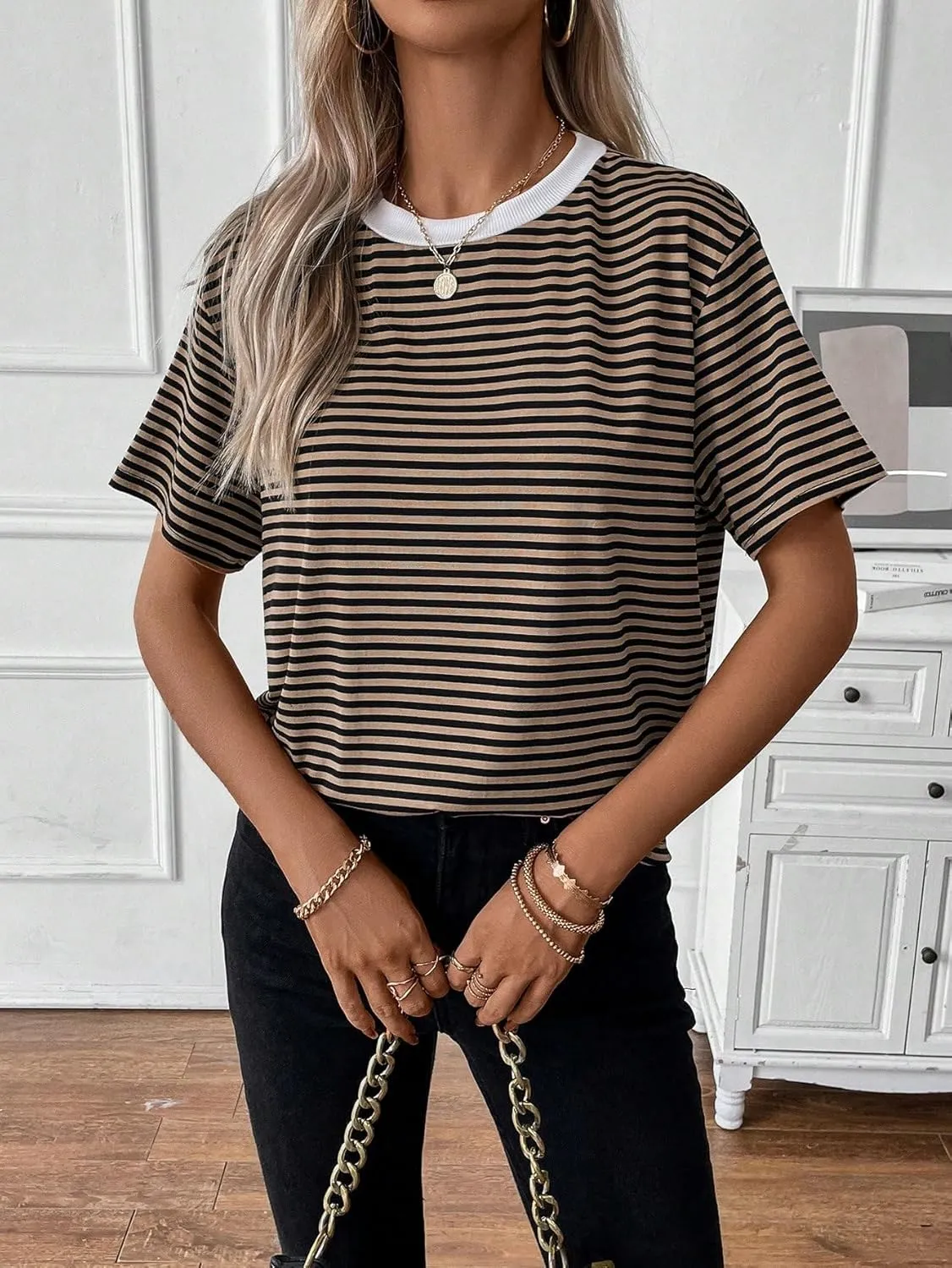 Floerns Women's Basic Mock Neck Short Sleeve Solid Rib Knit Tops Tee Shirts