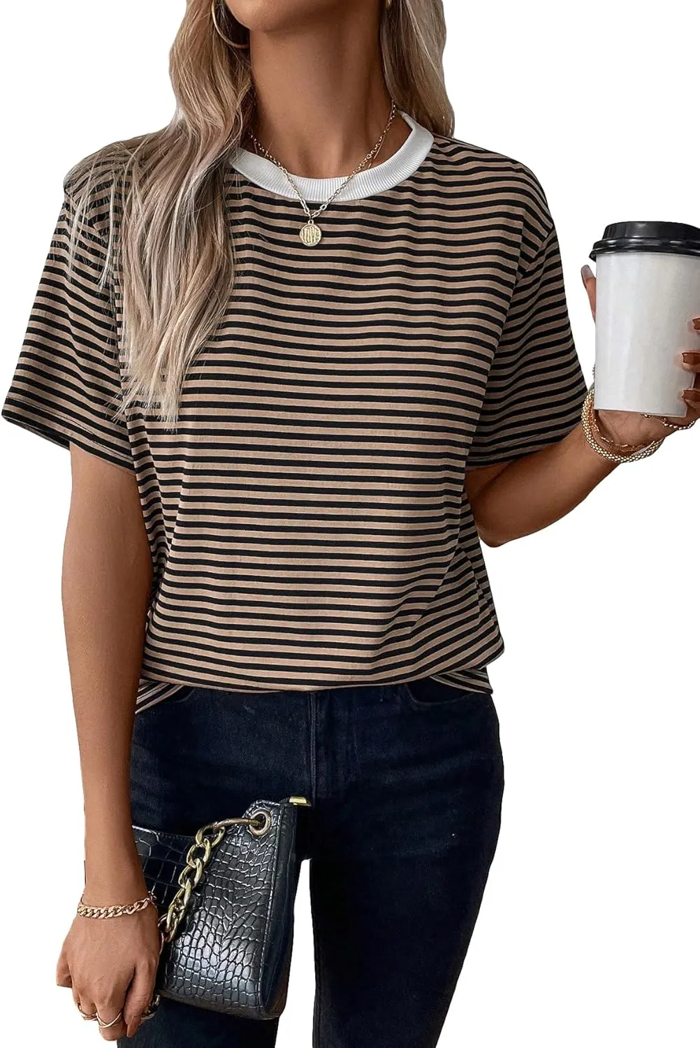 Floerns Women's Basic Mock Neck Short Sleeve Solid Rib Knit Tops Tee Shirts