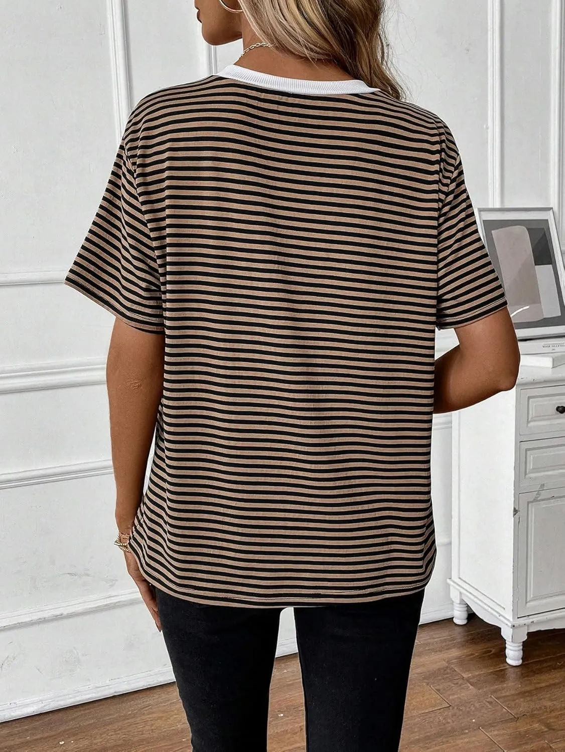 Floerns Women's Basic Mock Neck Short Sleeve Solid Rib Knit Tops Tee Shirts