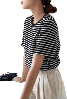 Floerns Women's Basic Mock Neck Short Sleeve Solid Rib Knit Tops Tee Shirts