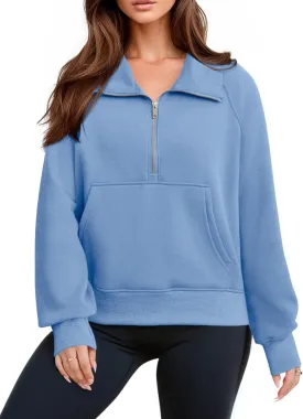 Glamaker Womens Sweatshirts Half Zip Pullover Fleece Cropped Comfort Fall Loose Outfits Fashion Long Sleeve Thumb Hole
