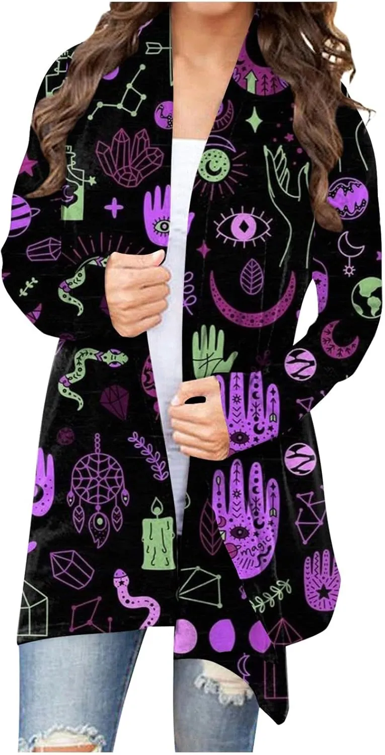 Halloween Cardigan Lightweight Long Sleeve Open Front Halloween Printed Oversized Cardigans for Women Fall Cardigan