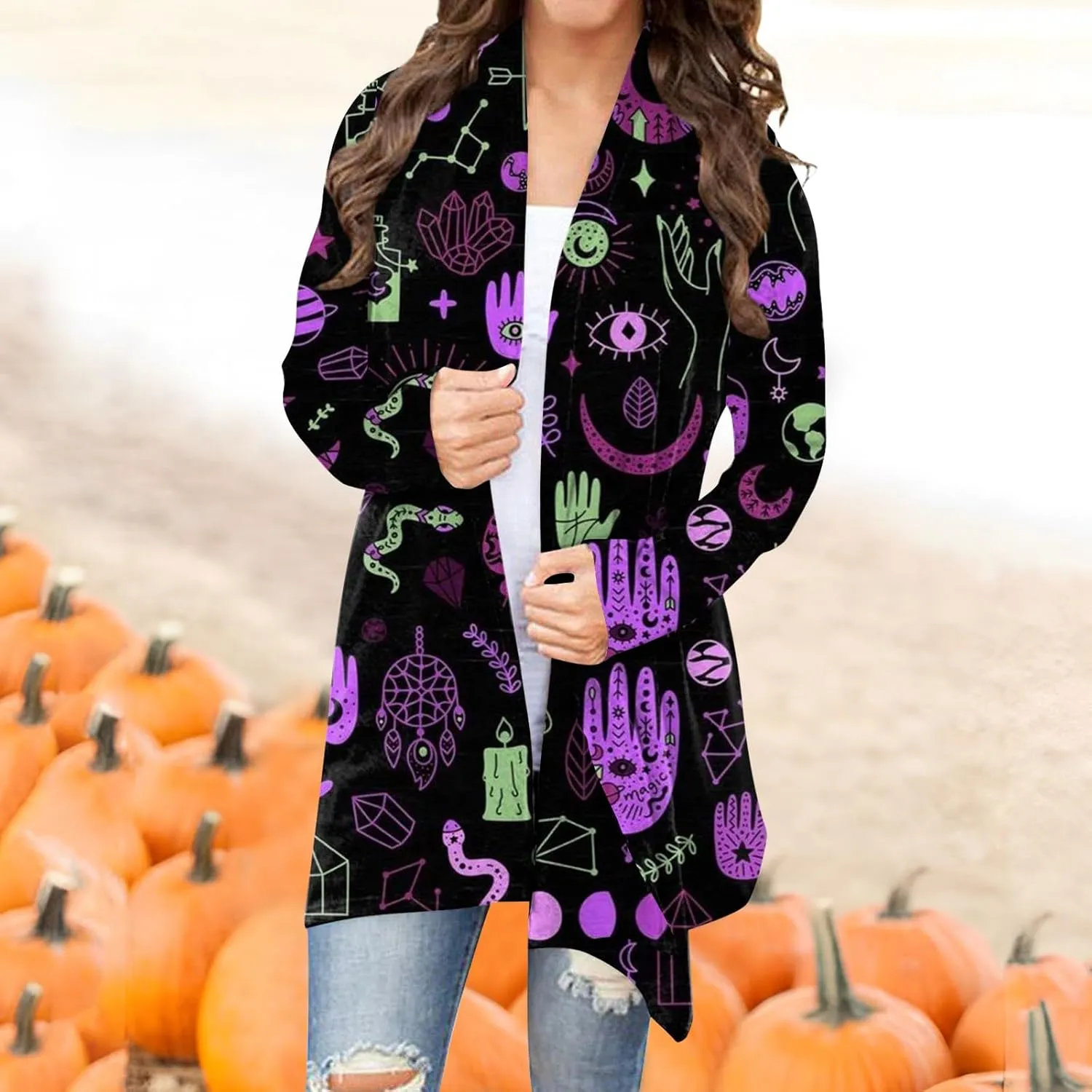 Halloween Cardigan Lightweight Long Sleeve Open Front Halloween Printed Oversized Cardigans for Women Fall Cardigan