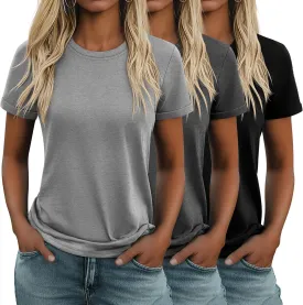 Huukeay 3 Pack Women's Cotton T Shirts Casual Short Sleeve Tunic Tops Crewneck Summer Plain Basic Loose Fit Tee