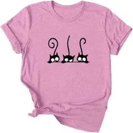 Lailezou Women's Three Cats Pattern Solid Color Printing O-Neck Simple T-Shirt Summer Casual Basic Short-Sleeved top