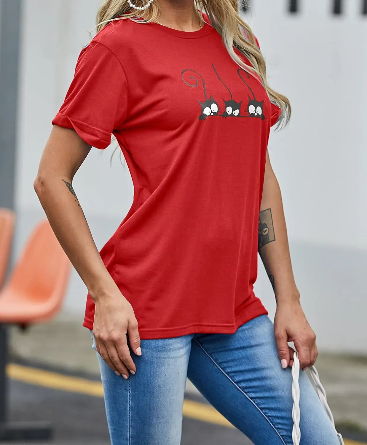Lailezou Women's Three Cats Pattern Solid Color Printing O-Neck Simple T-Shirt Summer Casual Basic Short-Sleeved top