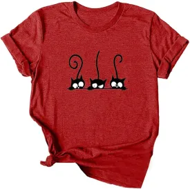 Lailezou Women's Three Cats Pattern Solid Color Printing O-Neck Simple T-Shirt Summer Casual Basic Short-Sleeved top