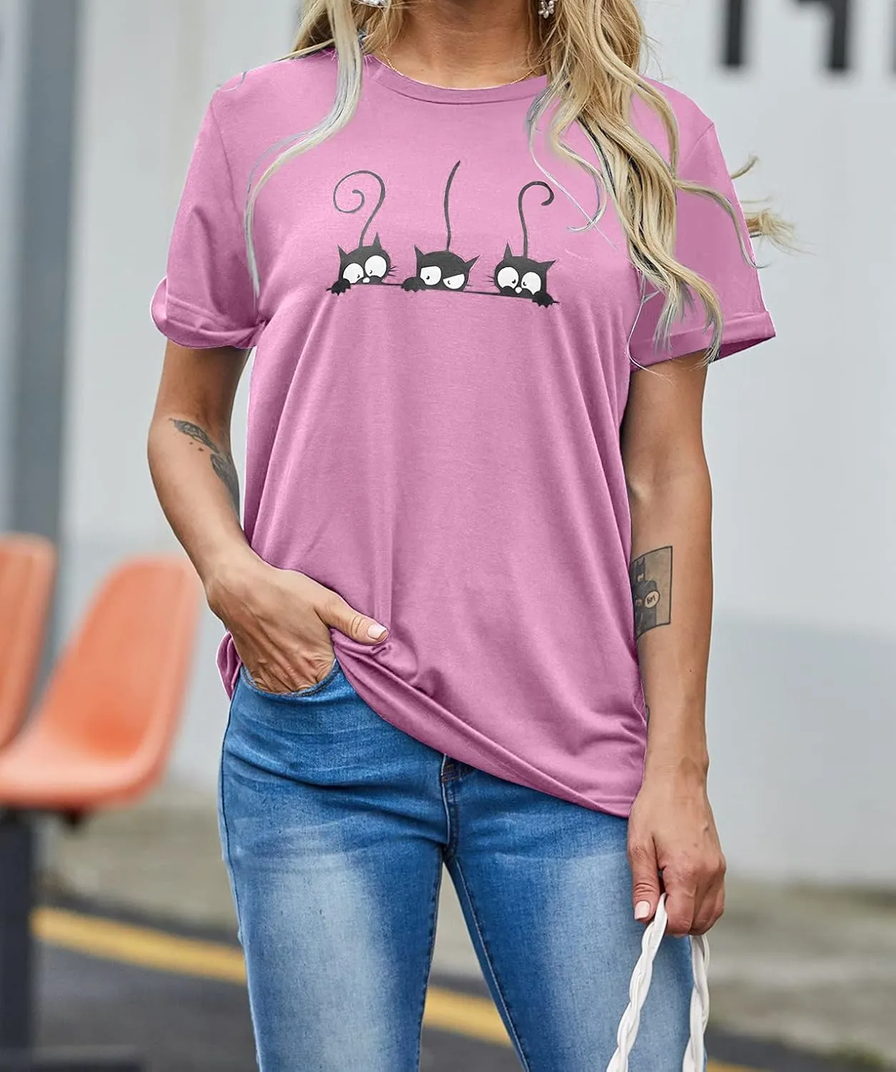 Lailezou Women's Three Cats Pattern Solid Color Printing O-Neck Simple T-Shirt Summer Casual Basic Short-Sleeved top