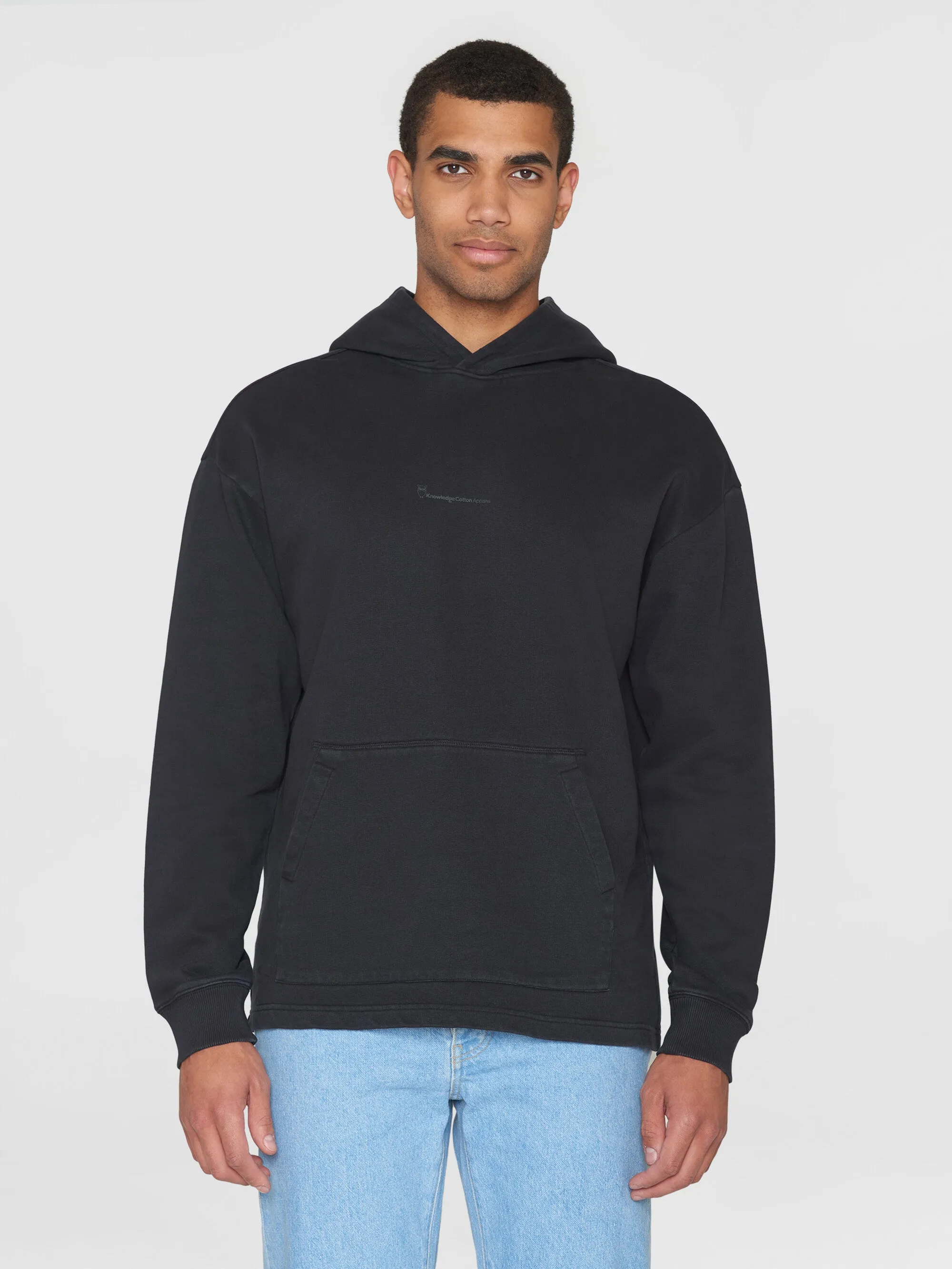Loose fit hood sweat with logo chest print - GOTS/Vegan - Black Jet