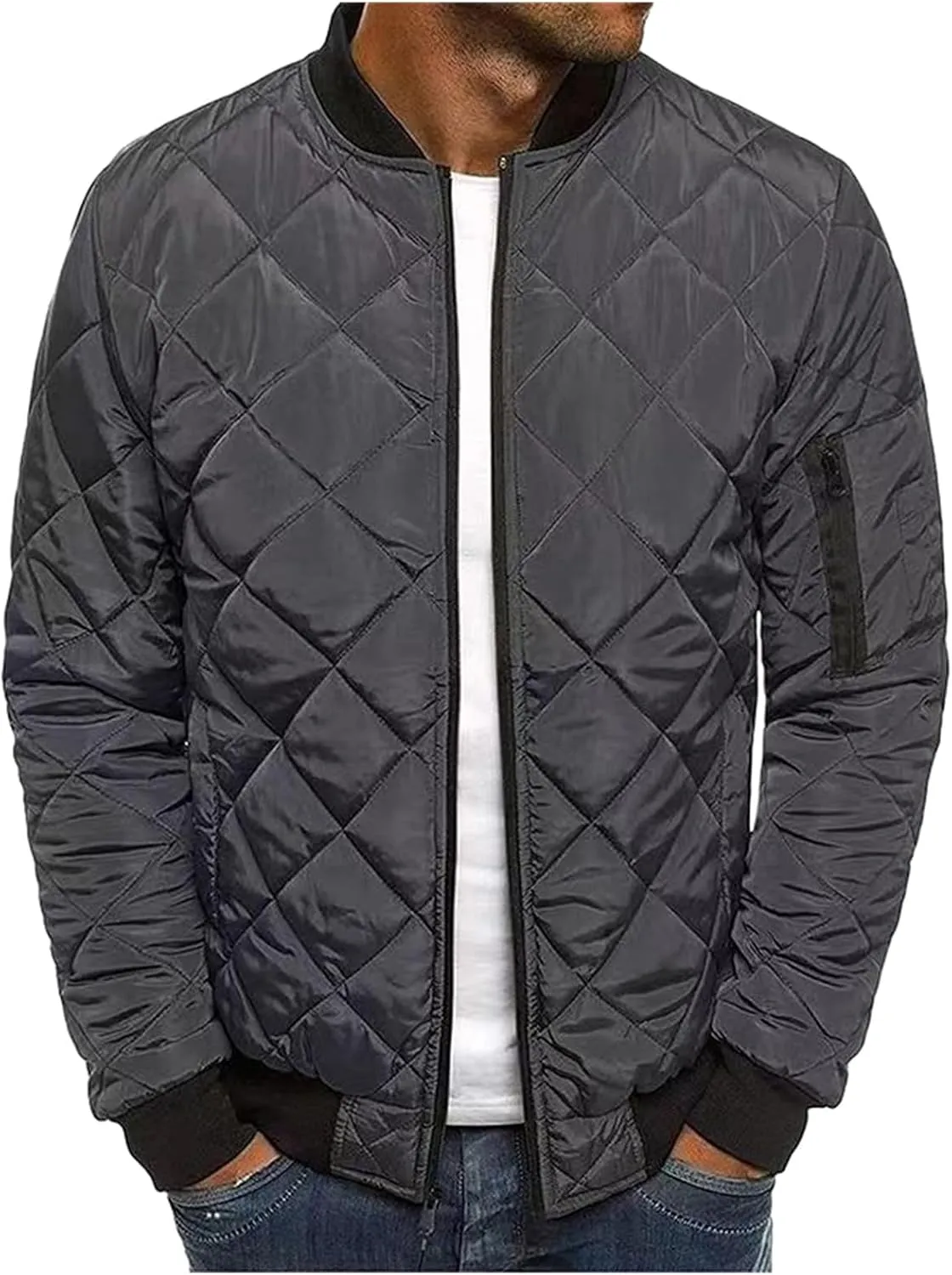 Men's Diamond Quilted Flight Bomber Jacket Lightweight Packable Warm Winter Padded Coat Varsity Multi-Purpose Outerwear