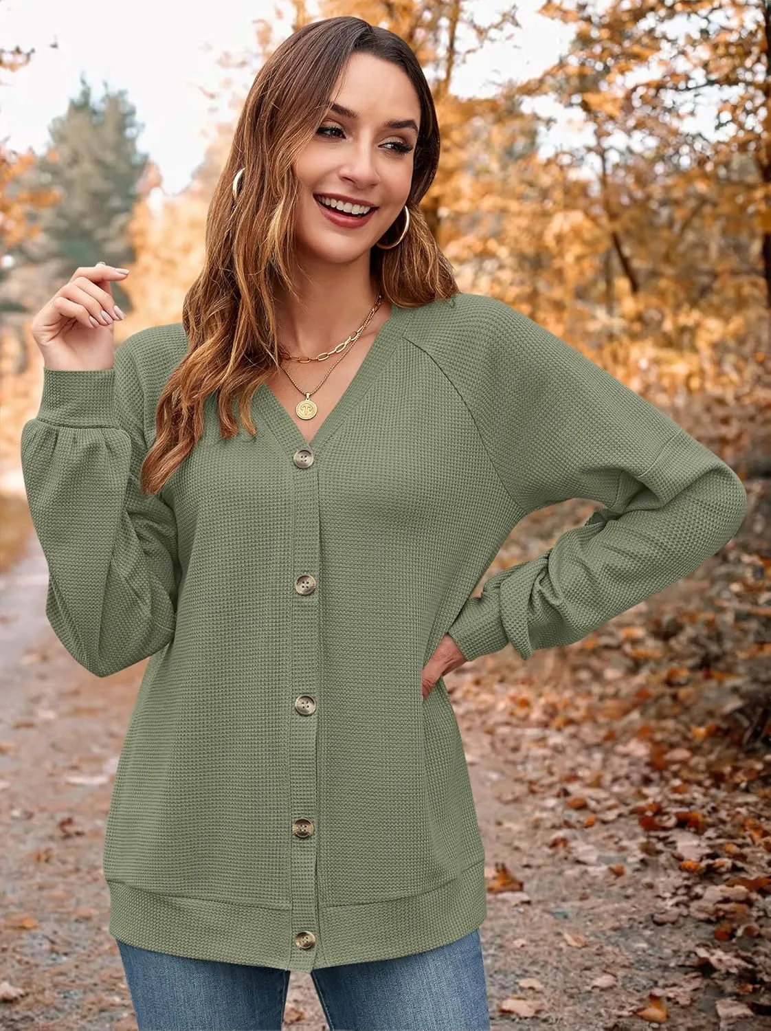 MOLERANI Women Cardigan Sweaters V Neck Button Open Front Waffle Knit 2024 Fall Loose Oversized Lightweight Cardigans