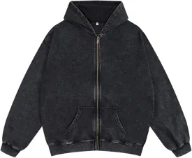 Oversized Vintage Cotton Jacket Acid Wash Grunge Basic Zip Up Hoodie For Women Distressed Baggy Long Sleeve Tops