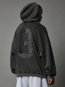 Regular Fit Overhead Washed Hoodie With Back Embroidered Torn Number Applique