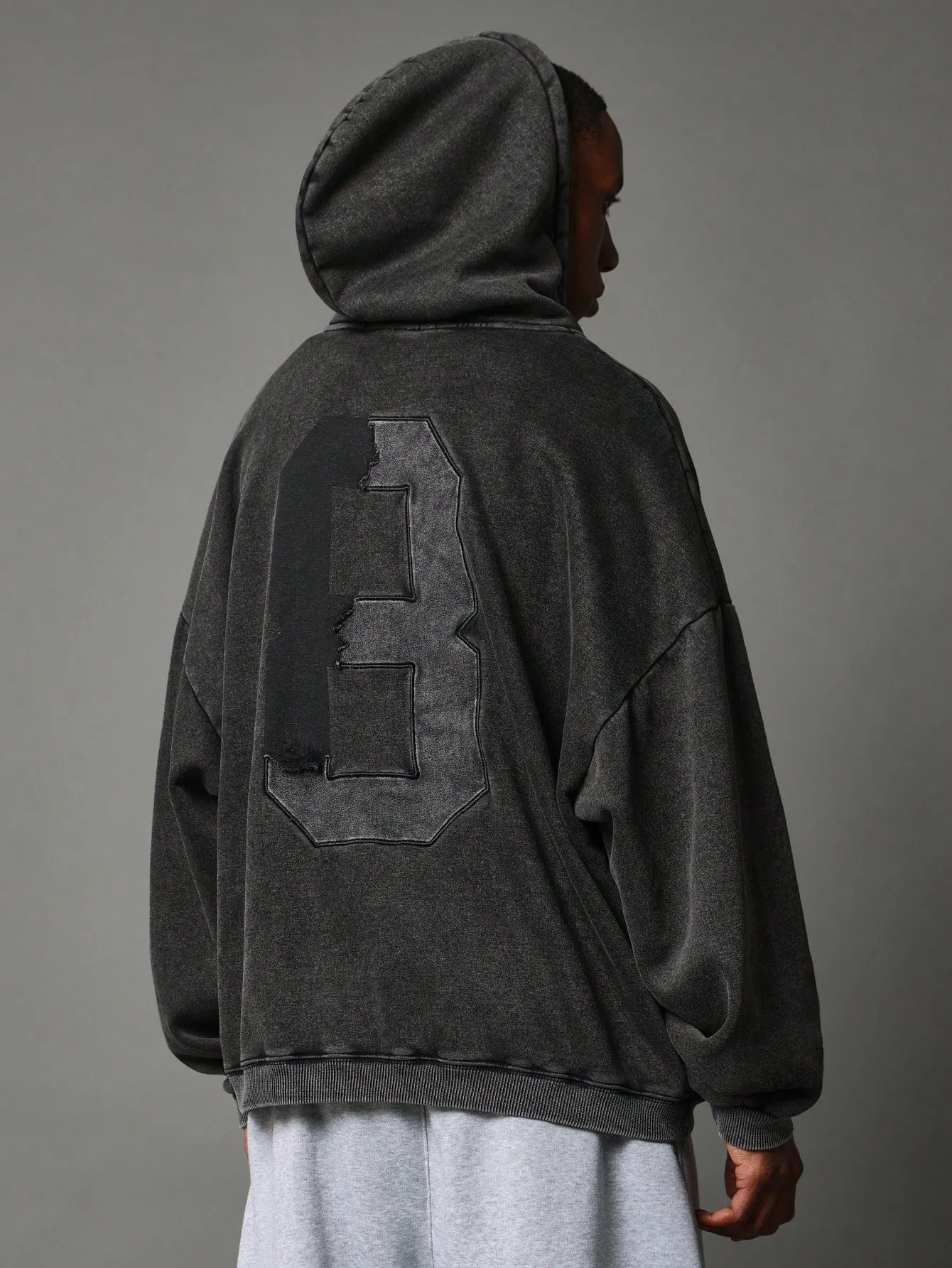 Regular Fit Overhead Washed Hoodie With Back Embroidered Torn Number Applique