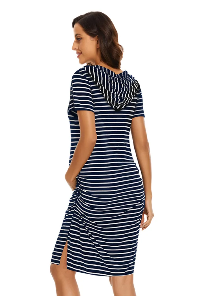 Smallshow Striped Short Sleeve Maternity Hoodie Dress