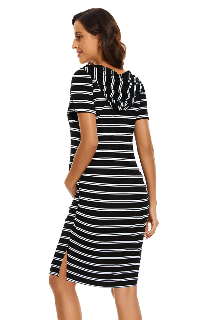 Smallshow Striped Short Sleeve Maternity Hoodie Dress