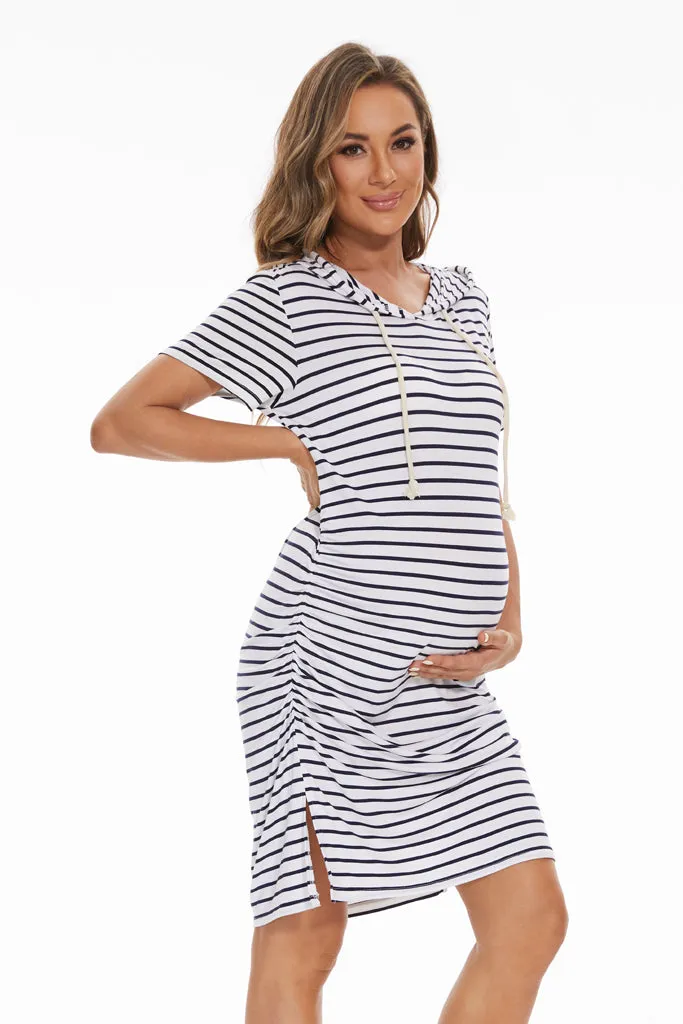 Smallshow Striped Short Sleeve Maternity Hoodie Dress