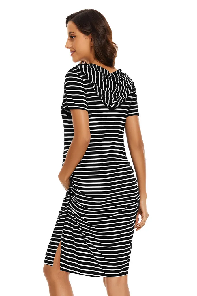 Smallshow Striped Short Sleeve Maternity Hoodie Dress