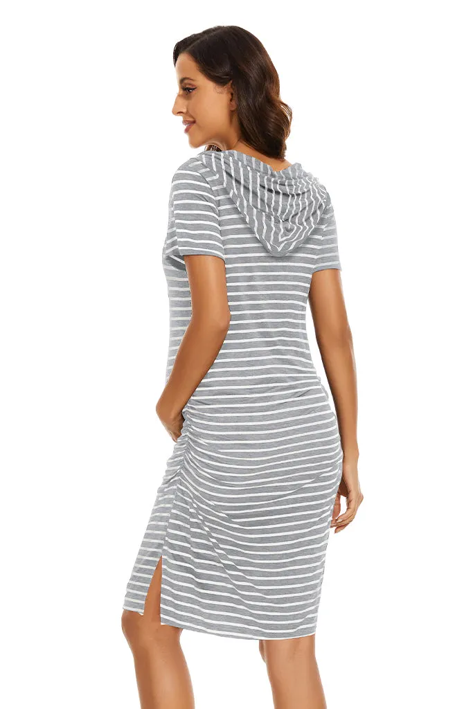 Smallshow Striped Short Sleeve Maternity Hoodie Dress