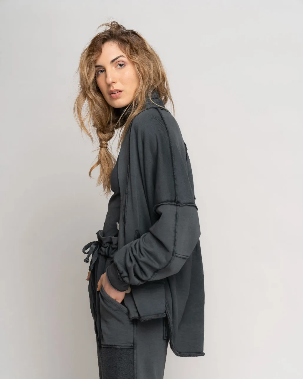 Stonewash Paneled Seamed Cardigan