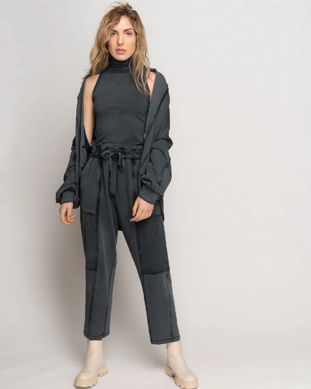 Stonewash Paneled Seamed Cardigan