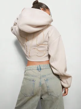 SUMWON WOMEN Drop Shoulder Long Sleeves Crop Hoodie Sweatshirt With Back Embroidery