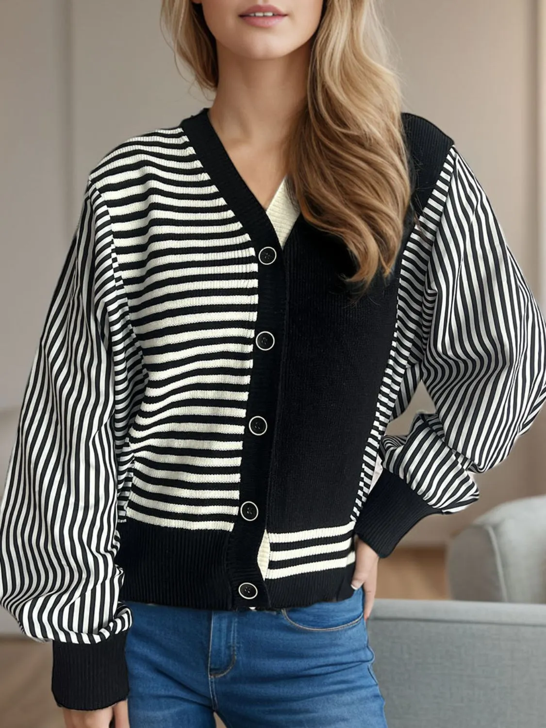 TEEK - Sriped Button Down Long Sleeve Cardigan