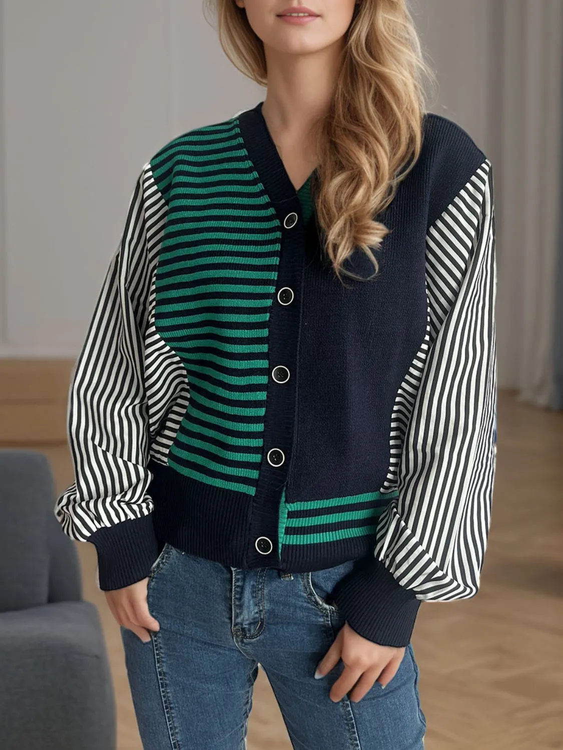 TEEK - Sriped Button Down Long Sleeve Cardigan