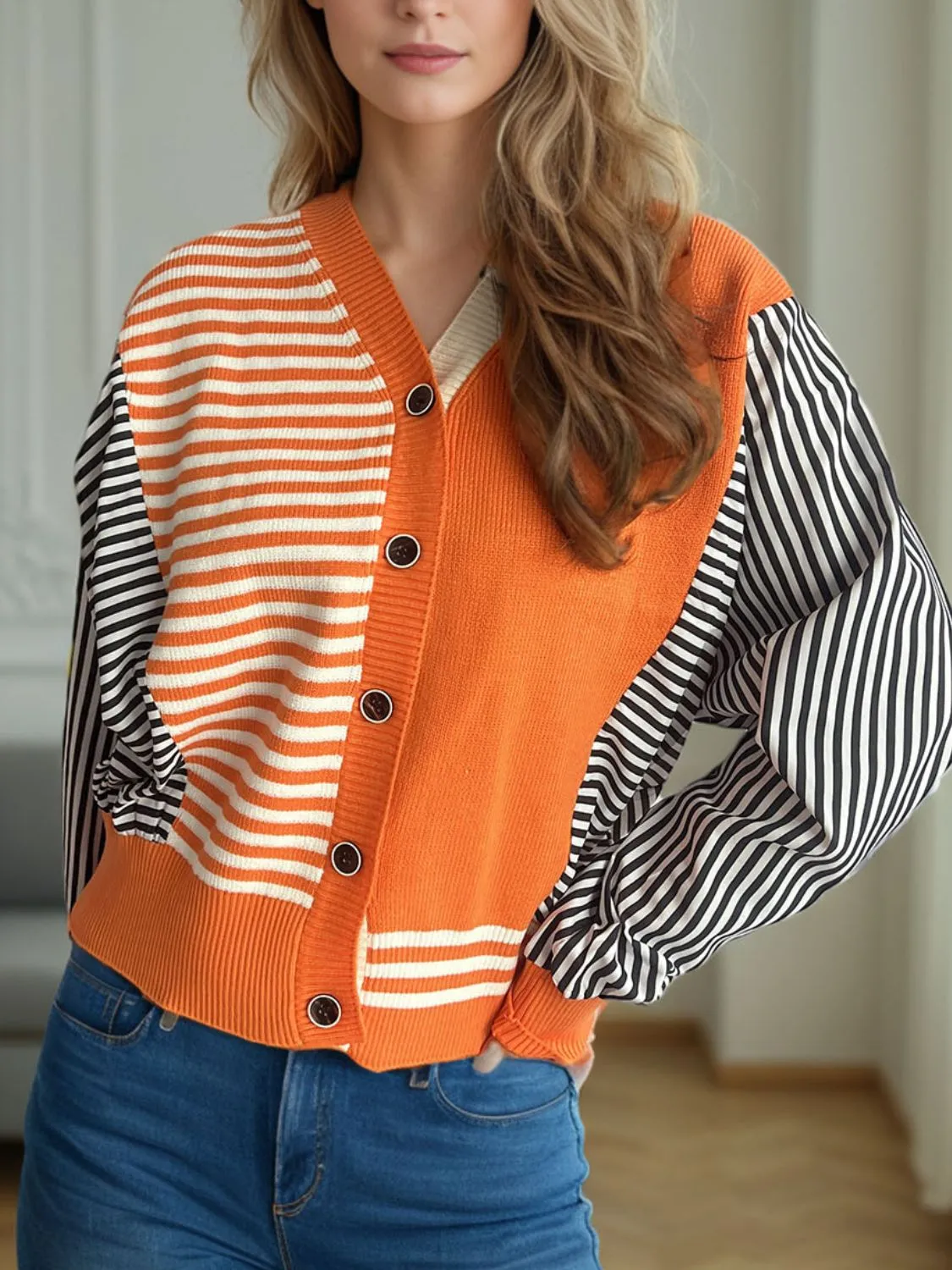 TEEK - Sriped Button Down Long Sleeve Cardigan