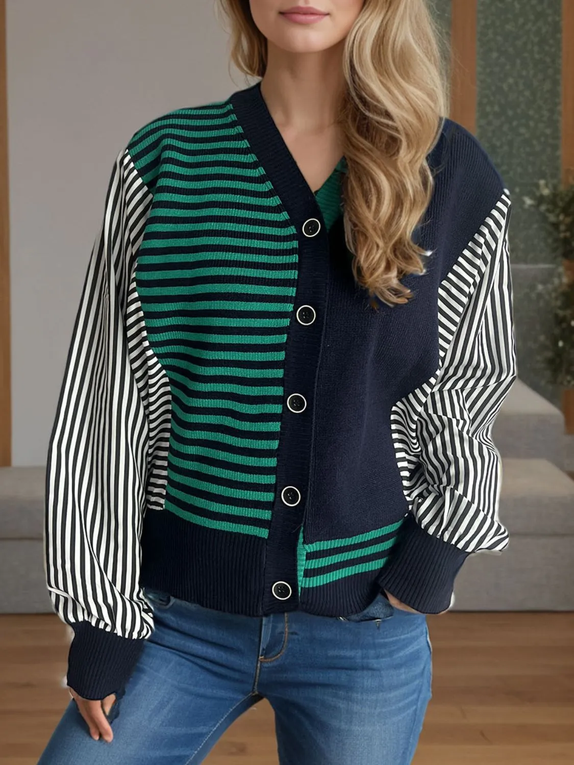 TEEK - Sriped Button Down Long Sleeve Cardigan