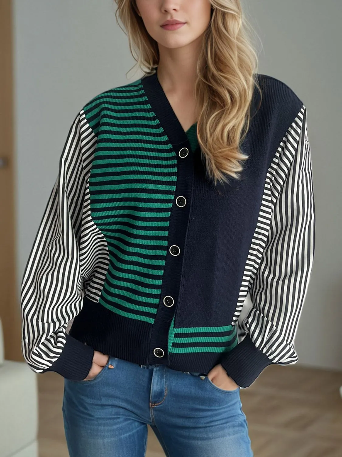 TEEK - Sriped Button Down Long Sleeve Cardigan