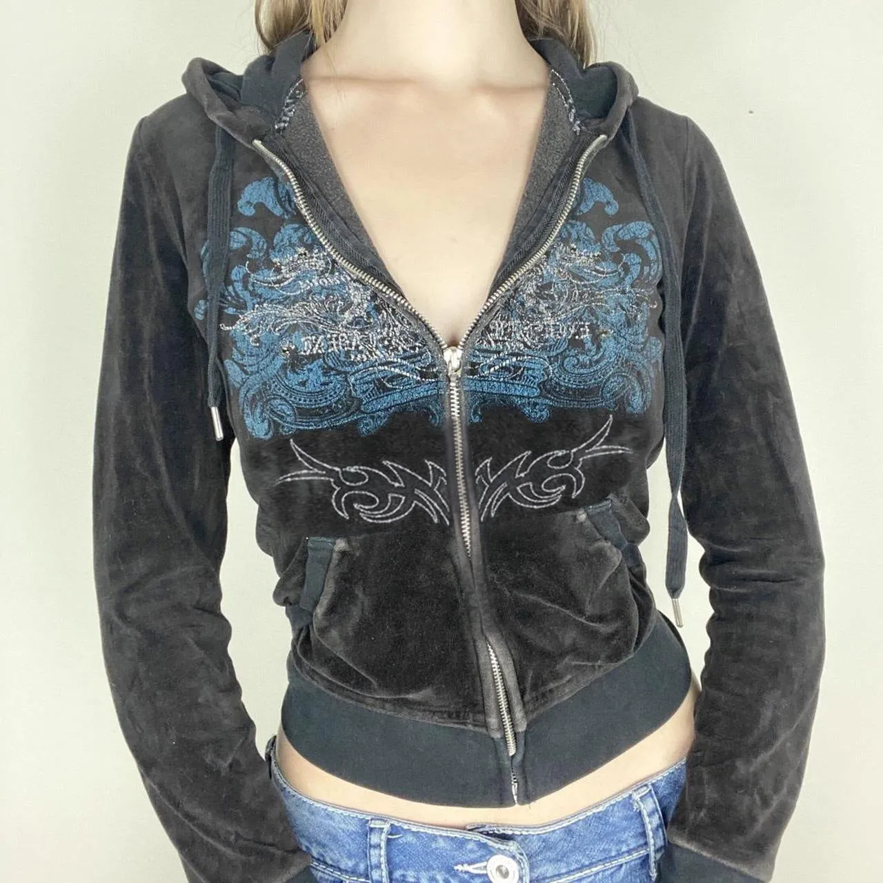 Toleet dream clothes Women's Autumn and Winter New Printed Rhinestone Zipper Hooded Sweater