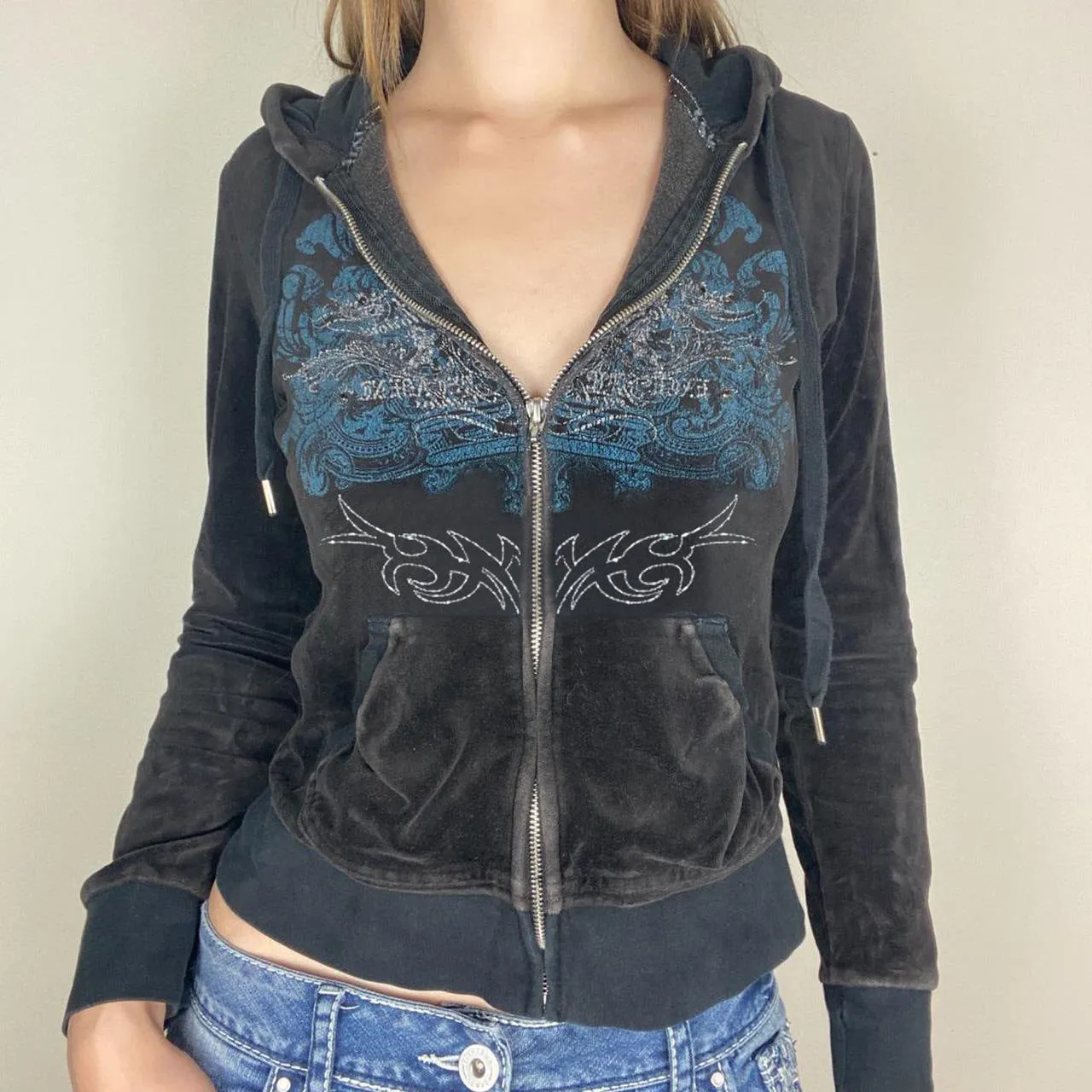 Toleet dream clothes Women's Autumn and Winter New Printed Rhinestone Zipper Hooded Sweater