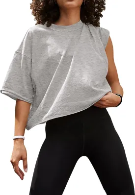 UEU Women's Comfy Basic Workout Gym Short Sleeve Crop Tops Casual Loose Oversized T-Shirts