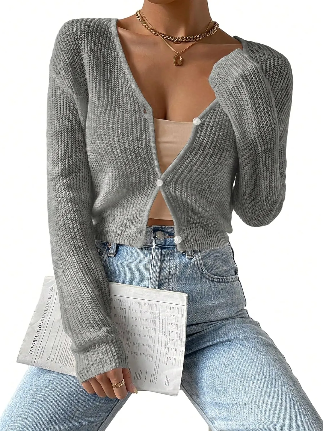 Verdusa Women's Drop Shoulder Long Sleeve Button Up Knit Cardigan Sweater
