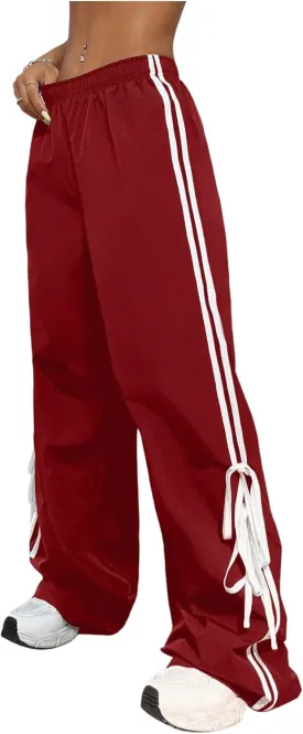 Verdusa Women's Loose Wide Leg Pants Tie Side Striped Elastic Waist Trousers