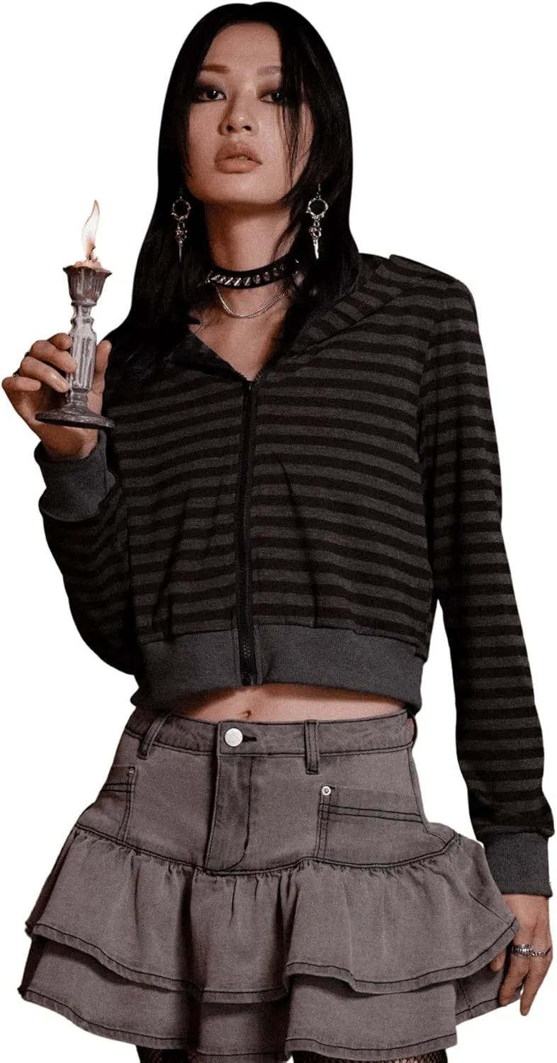 Verdusa Women's Punk Rock Striped Print Zip Up Cropped Hoodie Sweatshirt Shirt Y2K Top