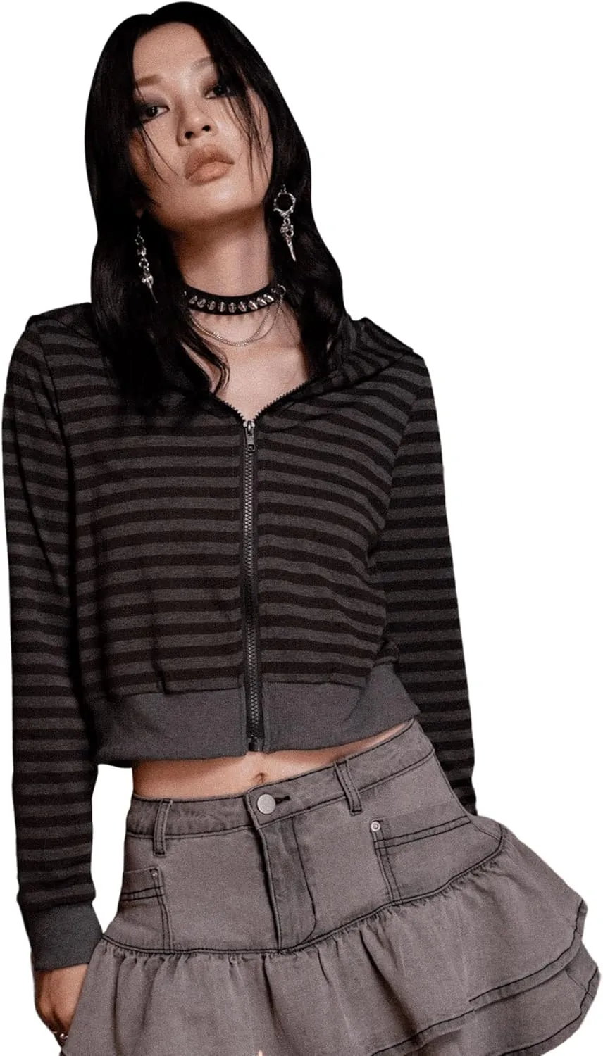 Verdusa Women's Punk Rock Striped Print Zip Up Cropped Hoodie Sweatshirt Shirt Y2K Top