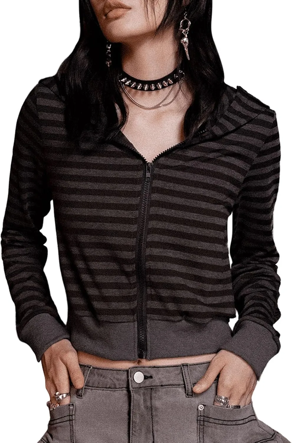 Verdusa Women's Punk Rock Striped Print Zip Up Cropped Hoodie Sweatshirt Shirt Y2K Top
