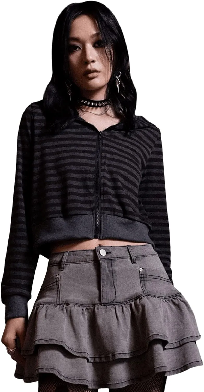 Verdusa Women's Punk Rock Striped Print Zip Up Cropped Hoodie Sweatshirt Shirt Y2K Top