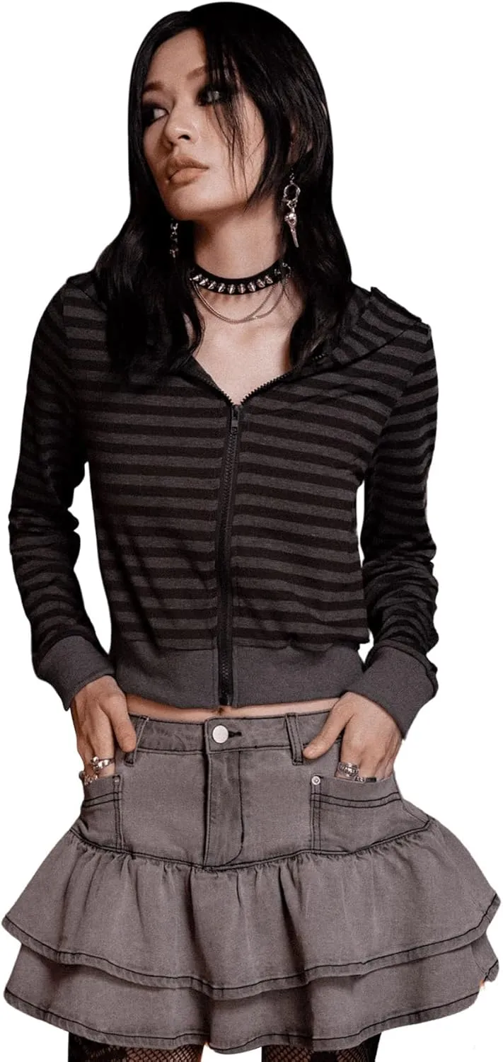 Verdusa Women's Punk Rock Striped Print Zip Up Cropped Hoodie Sweatshirt Shirt Y2K Top