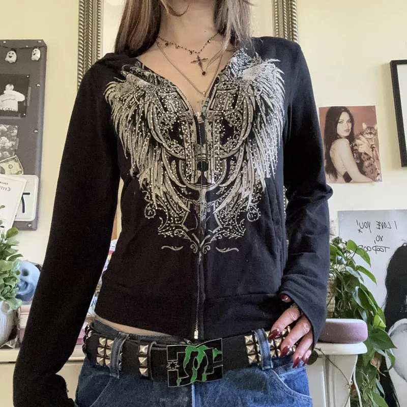 Wenkouban dream clothes Street Personality Wings Printed Zipper Hooded Sweater Hot Girl Y2g Loose All-Match Sports Casual Top