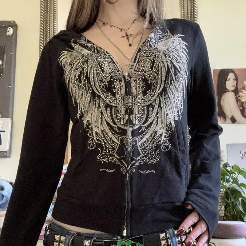 Wenkouban dream clothes Street Personality Wings Printed Zipper Hooded Sweater Hot Girl Y2g Loose All-Match Sports Casual Top