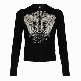 Wenkouban dream clothes Street Personality Wings Printed Zipper Hooded Sweater Hot Girl Y2g Loose All-Match Sports Casual Top