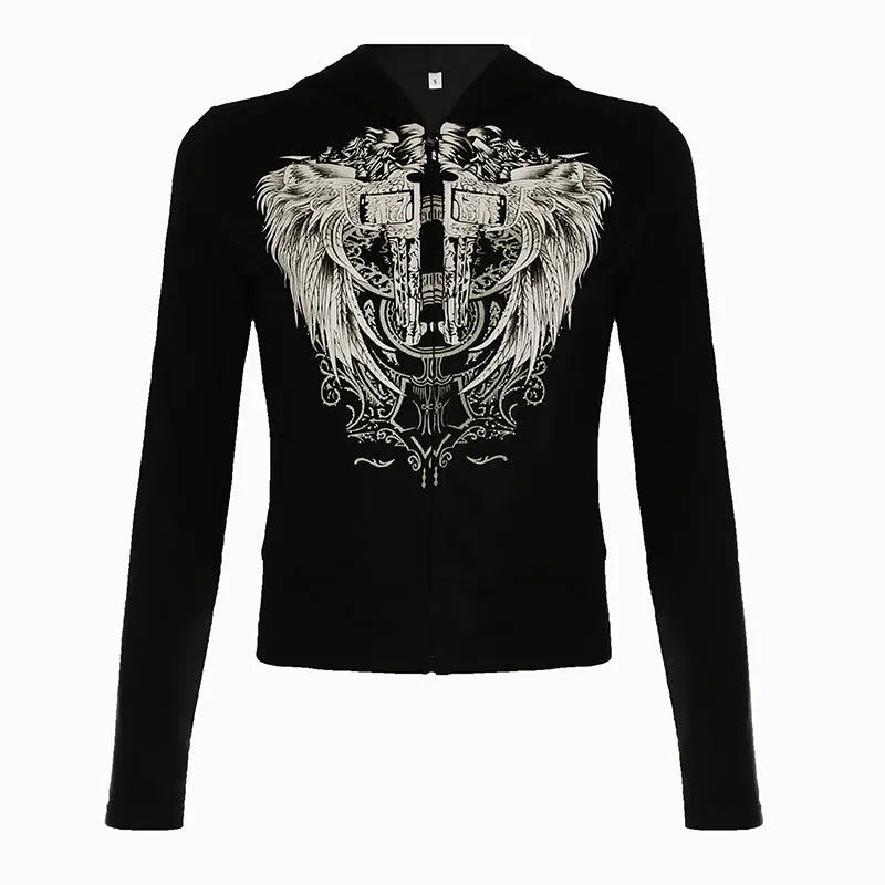 Wenkouban dream clothes Street Personality Wings Printed Zipper Hooded Sweater Hot Girl Y2g Loose All-Match Sports Casual Top