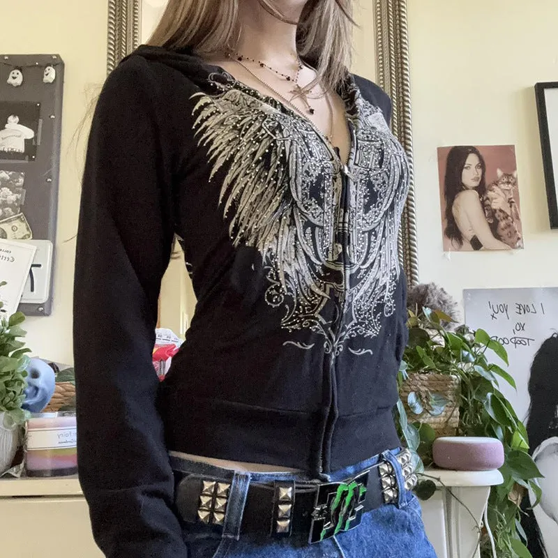 Wenkouban dream clothes Street Personality Wings Printed Zipper Hooded Sweater Hot Girl Y2g Loose All-Match Sports Casual Top