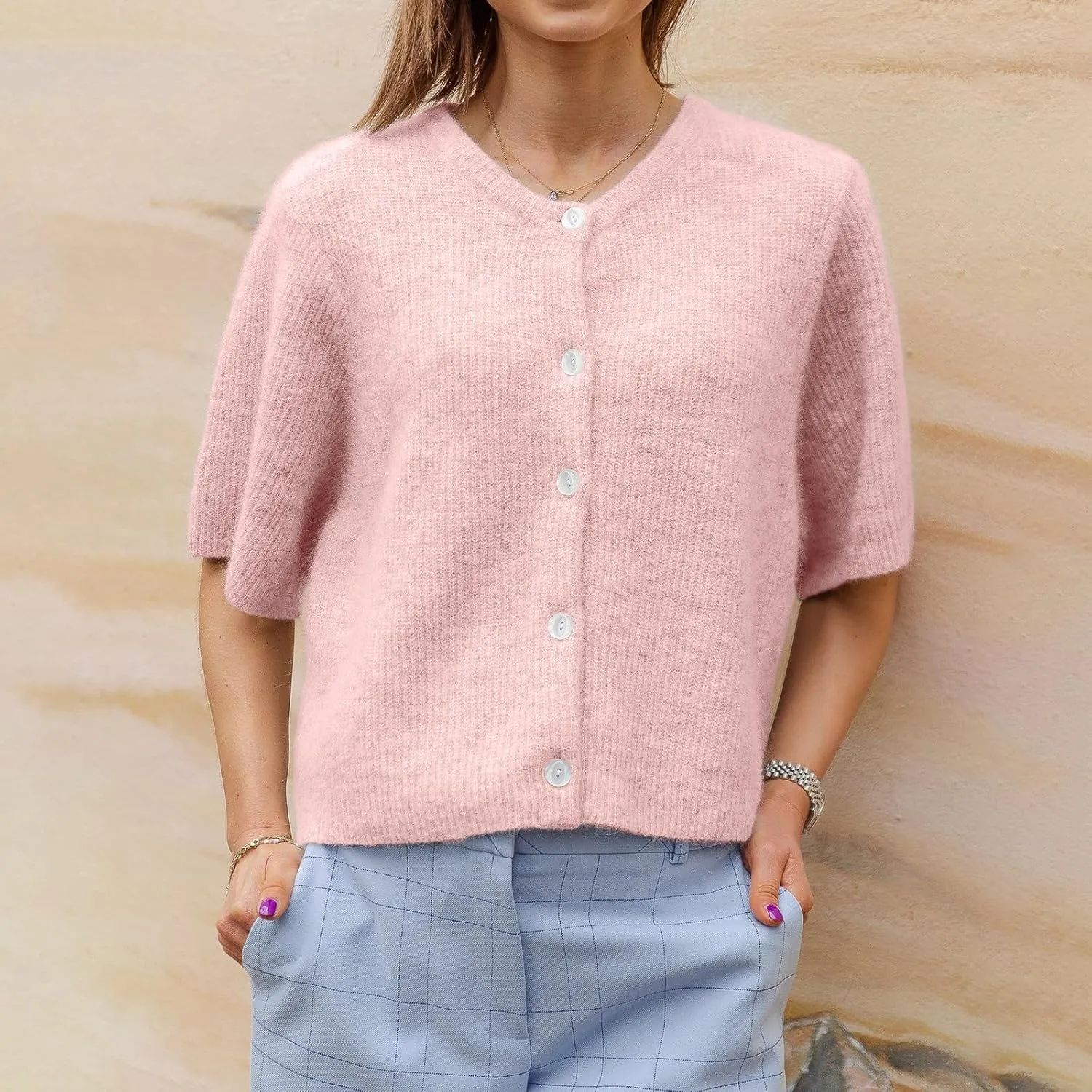 Women Knit Cardigan Sweater Y2k Short Sleeve Button Down Crop Top Sweaters Lightweight Coquette Shirt Summer