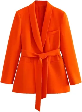 Women Orange Long Blazer Jacket Long Sleeve Single Breasted Belt Basic Office Blazers
