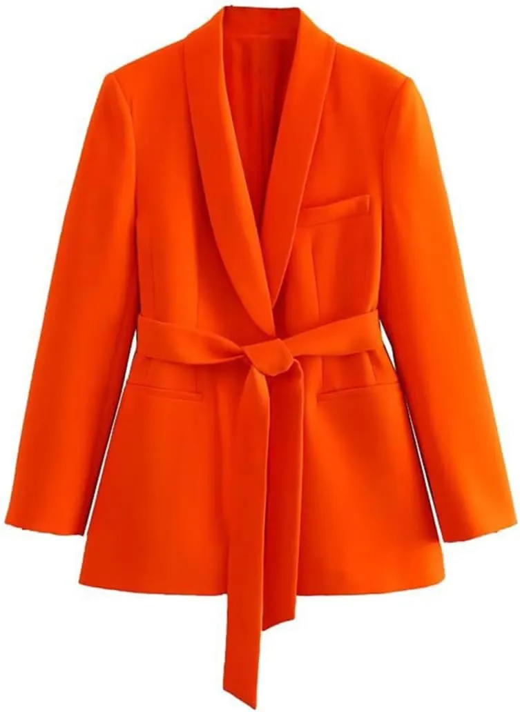 Women Orange Long Blazer Jacket Long Sleeve Single Breasted Belt Basic Office Blazers